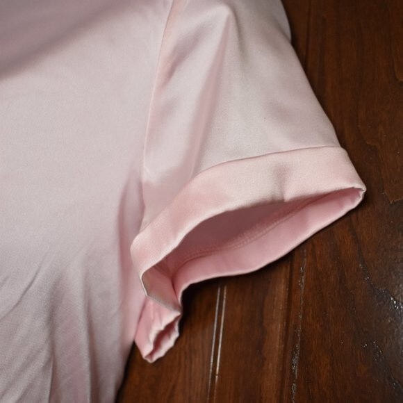 Tulum Sunrise Pink Satin Wrap Crop Top Size Large Short Sleeve Blouse - Picture 11 of 15